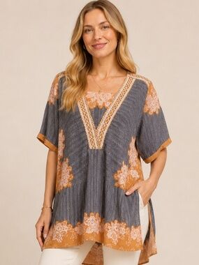Free People - Blue Striped and Mustard Mixed Print Tunic Beach Cover Up - SzSM